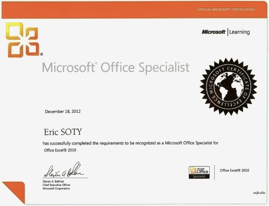 Certifié Microsoft Office Spécialiste Excel 2010 Certification Microsoft Office Specialist MOS